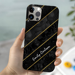 Coque Pour iPhone 15 Géométrique pailleté or noir élégant