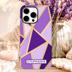 Coques iPhone 16 Pro Max Géométrique Violet Or Nom Personnalisé