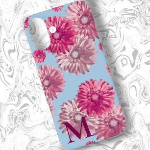 Coques iPhone 16 Plus Gerbera rose Fleurs marguerites sur bleu clair Flo