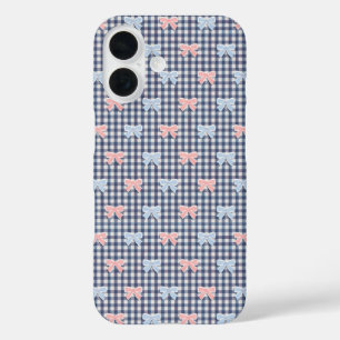 Coques iPhone 16 Gingham Bleu Blanc Rose Bleu Coquette Tendances