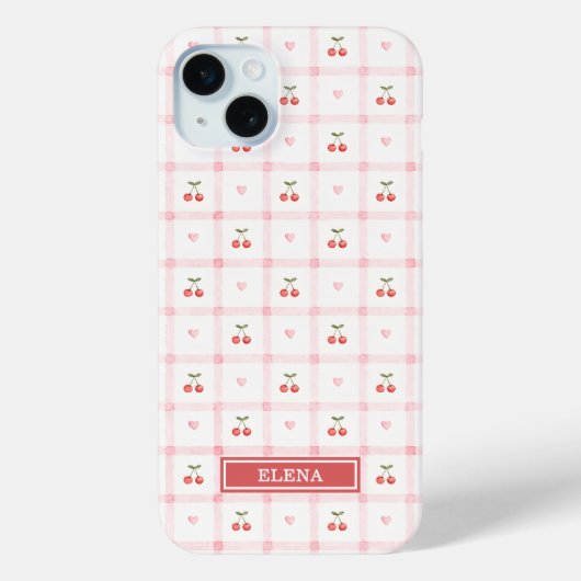 Coques Case-Mate iPhone Gingham Rouge avec Cerises et Rubans Monogrammé (Verso)