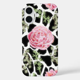 Coques iPhone 16 Girafe rose et noire Motif et fleurs