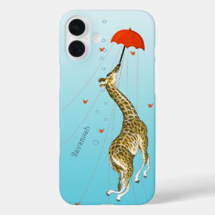 Coques iPhone 16 Plus Girafe Vintage mignonne avec parapluie sur Aqua