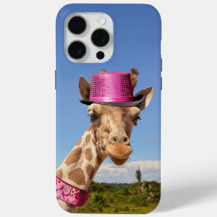 Coque iPhone 15 Pro Max Giraffe en casquette rose étincelant
