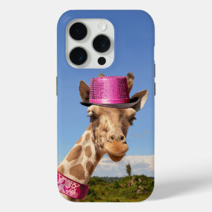Coque iPhone 15 Pro Giraffe en casquette rose étincelant