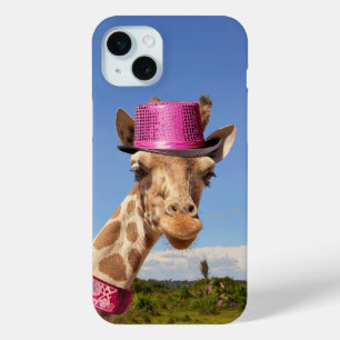 Coque iPhone 15 Mini Giraffe en casquette rose étincelant