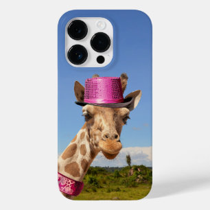 Coque Pour iPhone 14 Pro Giraffe en casquette rose étincelant