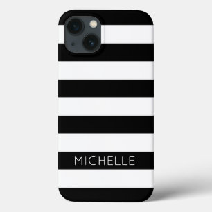 Etui iPhone 13 Girls Black White Stripes Nom personnalisé Monogra
