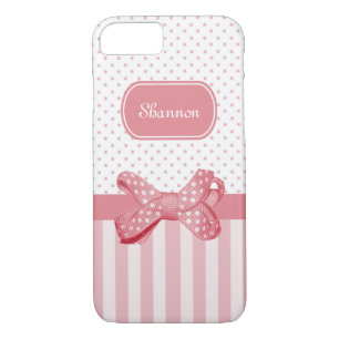 Coque iPhone 7 Girls Rose Stripes Cute Polka Dot Bow Avec Nom