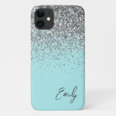 Coques Case-Mate iPhone Girly Aqua Bleu Argent Paillettes Monogramme (Dos)