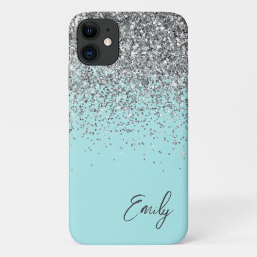 Coques Case-Mate iPhone Girly Aqua Bleu Argent Paillettes Monogramme (Dos)