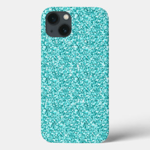 iPhone 13 Case Girly, Fun Aqua Blue Glitter Printed