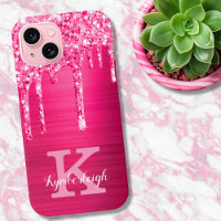 Girly Hot Pink Glitter Drips Glam Monogram
