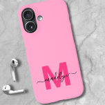 Coques iPhone 16 Girly Pink Elegant Minimal Name Monogram<br><div class="desc">Personalized Hot Pink and Magenta Initial Monogram Phone Case. Add a pop of bright, happy color to your phone with this chic and personalized phone case. Featuring a vibrant pink background and a bold magenta hot pink initial, paired with a sleek black script name, this design combines fun with femininity...</div>