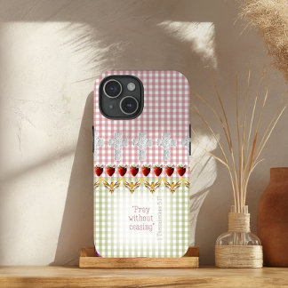 Coque Pour iPhone 15 Girly Pink Green Check Cross Strawberry Dove Faith