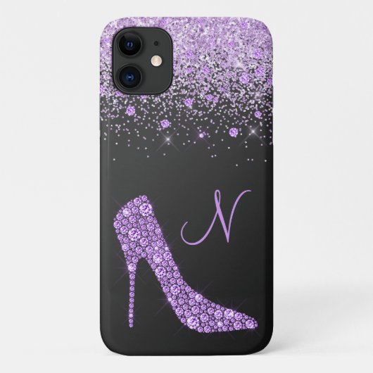 Coques Case-Mate iPhone Girly Purple Glitter Shoe Script Monogram Black (Dos)