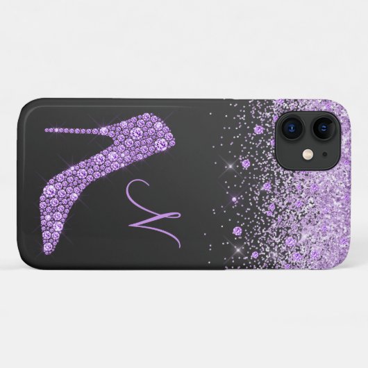 Coques Case-Mate iPhone Girly Purple Glitter Shoe Script Monogram Black (Dos (Horizontal))