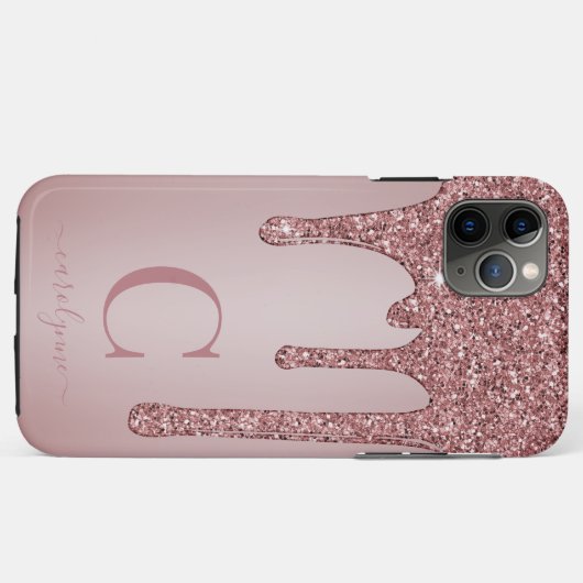 Coques Case-Mate iPhone Girly Rose Gold Sparkle Glitter Drips monogram (Dos (Horizontal))