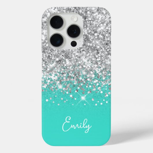 Coques Case-Mate iPhone Glam à Parties scintillant Turquoise et Argent (Verso)
