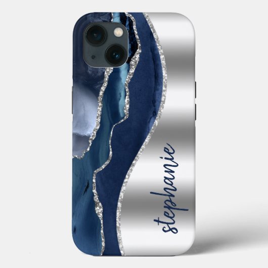 Coques Case-Mate iPhone Glam Agate Geode Métallic Argent Bleu Nom (Verso)