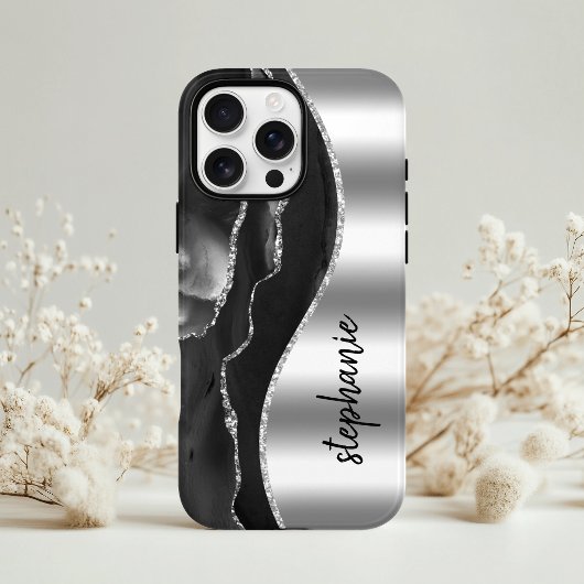 Coques Case-Mate iPhone Glam Agate Géode Métallic Argent Noir Nom
