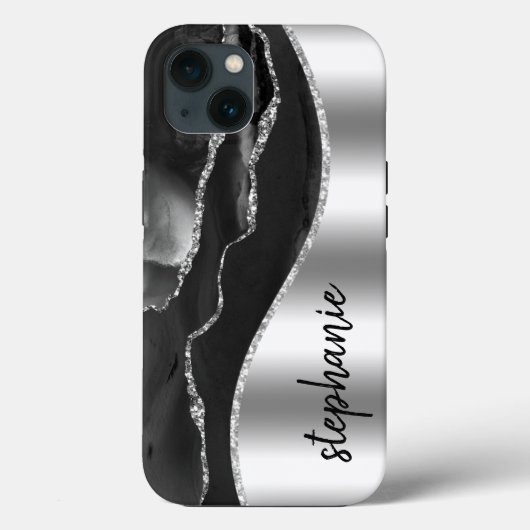 Coques Case-Mate iPhone Glam Agate Géode Métallic Argent Noir Nom (Verso)