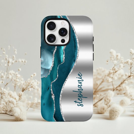 Coques Case-Mate iPhone Glam Agate Géode Métallic Argent Sardonyx Nom