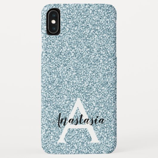 Coques Case-Mate iPhone Glam Bleu Paillettes Argentées Monogramme Nom (Dos)
