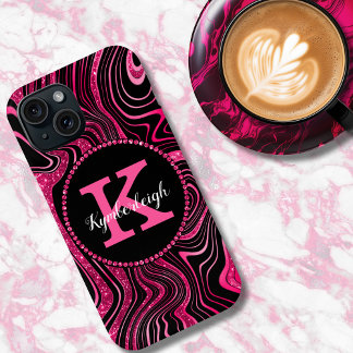 Coque Pour iPhone 15 Glam Hot rose noir marbre Agate Parties scintillan