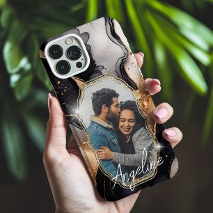 Coque Pour iPhone 15 Glam moderne noir et or Nom et photo