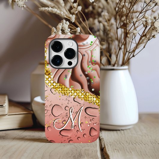 Coques Case-Mate iPhone Glam Monogram M Marbre Marron Fantaisie Gouttes de