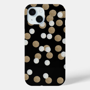 Coque Pour iPhone 15 glam noir et blanc points champagne or confetti