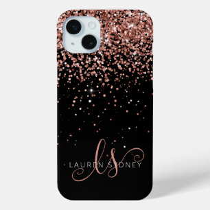 Coque iPhone 15 Mini Glam Rose Gold Parties scintillant Élégant Monogra