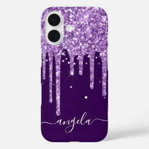 Coques iPhone 16 Glam Signature gouttes scintillantes violet foncé