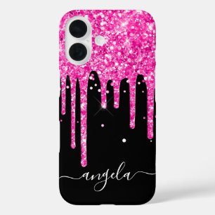 Coques iPhone 16 Glamour Noir Paillettes Rose Chaud Signature