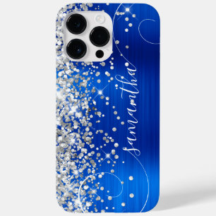Coque Pour Pour iPhone 14 Pro Max Glittery Argent Royal Blue Glam Curly Signature