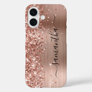 Coques iPhone 16 Glittery Rose Gold Metallic Girly Signature