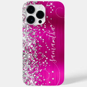Coque Pour Pour iPhone 14 Pro Max Glittery Silver et Hot Pink Glam Curly Signature