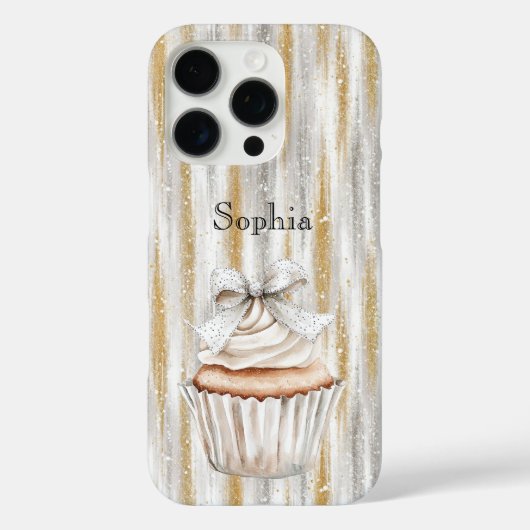 Coques Case-Mate iPhone Glitzy Silver Gold Stripes White Cupcake Bow (Verso)