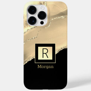 Coque Pour Pour iPhone 14 Pro Max Gold Agate, Nom & Monogramme, Boîte Noire & Or