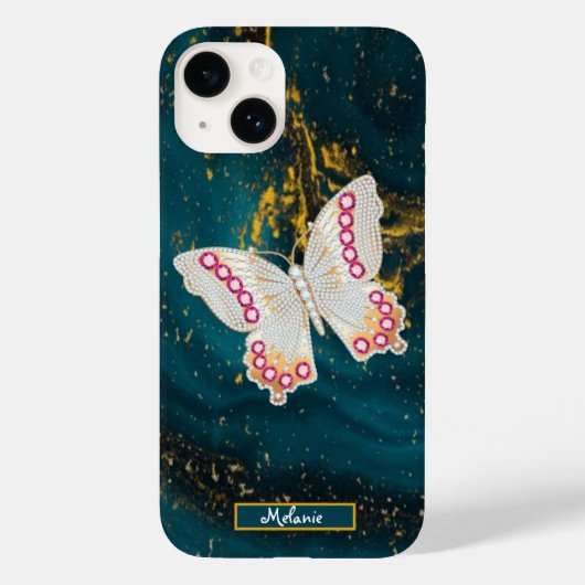 Coques Case-Mate iPhone Gold Blue Acrylic Paint Butterfly Monogram (Verso)