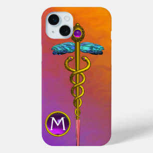 Coque iPhone 15 Mini GOLD CADUCEUS MÉDICALE SYMBOLE Purple Gem Monogram