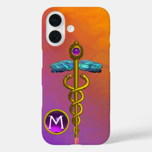 Coques iPhone 16 GOLD CADUCEUS MÉDICALE SYMBOLE Purple Gem Monogram