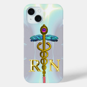 Coque Pour iPhone 15 GOLD CADUCEUS SYMBOLE INFIRMIER INSCRIT Bleu clair
