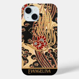Coque Pour iPhone 15 Gold et Black Floral Art Nouveau Imprimé