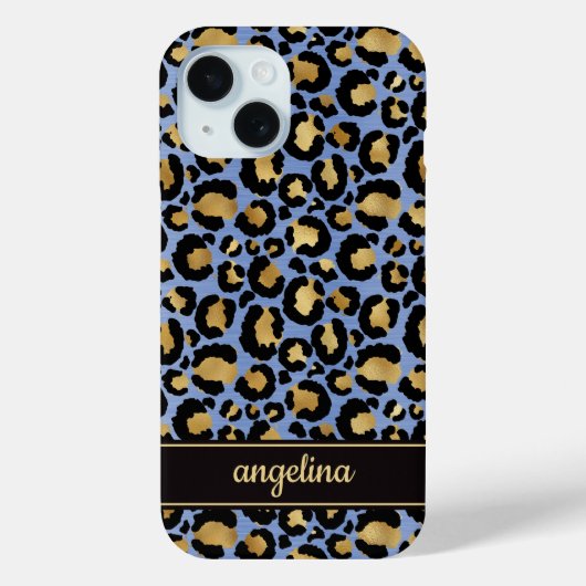 Coques Case-Mate iPhone Gold Foil On Blue Leopard Print Monogrammed (Verso)