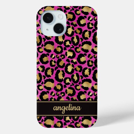 Coques Case-Mate iPhone Gold Foil On Hot Pink Leopard Print Monogrammed (Verso)