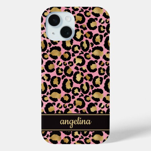 Coques Case-Mate iPhone Gold Foil On Pink Leopard Print Monogrammed (Verso)
