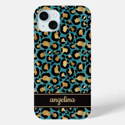 Coques Case-Mate iPhone Gold Foil On Teal Leopard Print Monogrammed (Verso)