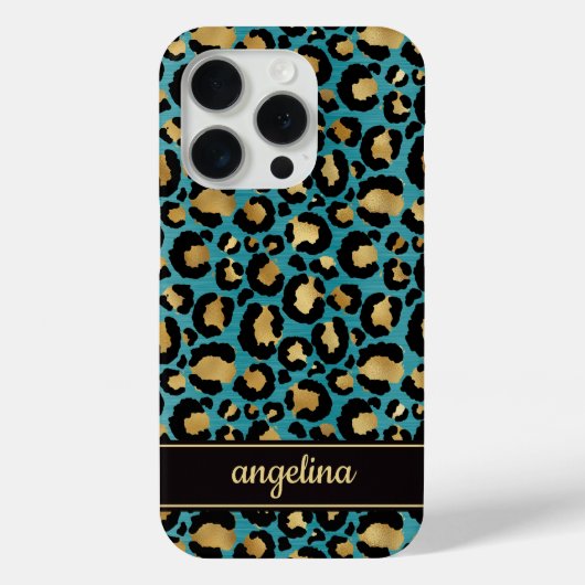 Coques Case-Mate iPhone Gold Foil On Teal Leopard Print Monogrammed (Verso)